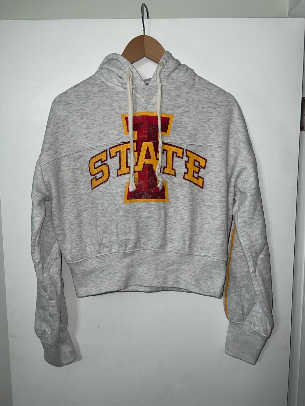 Rivalry Threads Gray Cropped Hoodie with Red and Gold STATE Graphic